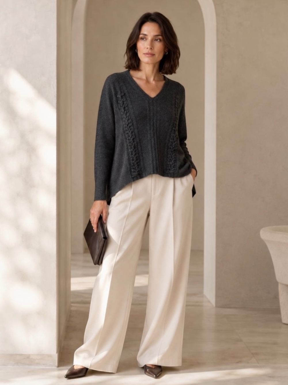 Lafayette 148 100% Cashmere Braided Cable Knit Sweater Gray V-Neck High Low Hem